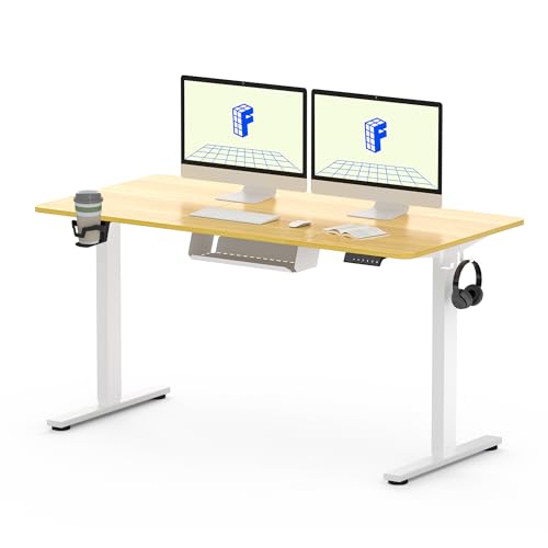 FLEXISPOT QE Pro Mesa elevável elétrica 140 x 60 cm, mesa levantável com 2 ganchos, porta-copos e organizador de cabos, 4 funções de memória, Standing Desk para escritório e casa e teletrabalho, Bordo