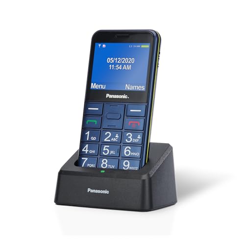 Panasonic KX-TU155EXCN Telemóvel para idosos, chamada prioritária, telefone com botões grandes, compatível com auriculares, Bluetooth, rádio FM, câmara, base de carregamento, azul