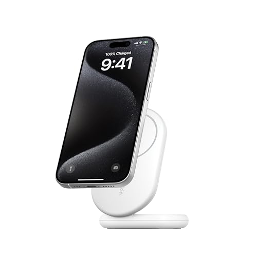 Belkin BoostCharge Carregador com Qi2, suporte magnético de carregamento sem fios dobrável de 15 W, compatível com MagSafe, carregador rápido portátil, suporta modo standby, para iPhone 16, 15, 14 e