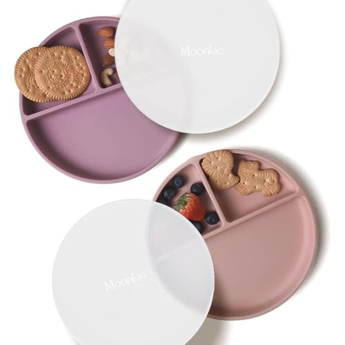 Moonkie Pratos de sucção para bebés e crianças pequenas, pratos divididos de silicone sem BPA com tampa, adequados para micro-ondas e lava-loiças, 2 pacotes (Pale Mauve/Blush)