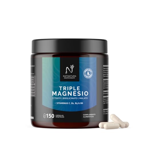Magnésio triplo – Citrato de magnésio, bisglicinato e malato, 442 mg de magnésio elementar por dose + vitaminas B1, B5, B6 e C, antifadiga, cólicas e recuperação muscular, 150 cápsulas.