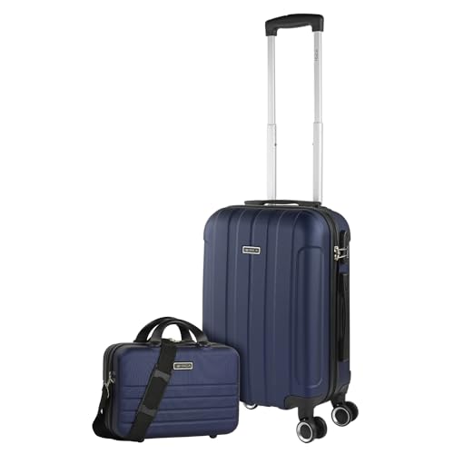 ITACA - Malas de viagem rígidas ABS - mala de viagem cabine, mala média e mala grande - pega telescópica, 4 rodas giratórias e cadeado de combinação, MARINHO, Bagagem de mão