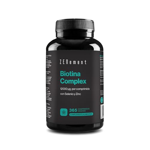 Biotina 12 000 mcg de alta dose, com zinco e selénio, 365 comprimidos vegan (fornecimento para 1 ano), vitaminas para manter cabelo, pele e unhas, Zenement