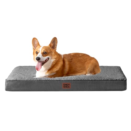 EHEYCIGA Cama cães grande ortopédica, 89 x 58 x 9 cm, colchão de cão com espuma de caixa de ovos, tapete de cão lavável, Dog Bed, cinzento