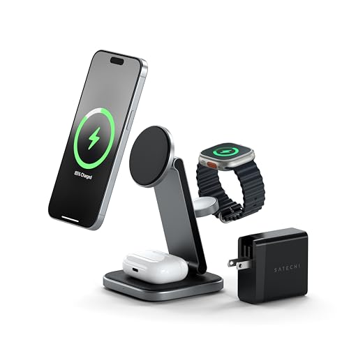 SATECHI Carregador sem fios 3 em 1, estação de carregamento magnético dobrável, certificado Qi2 para iPhone 16 a 12, Apple Watch Series 10-7/SE/Ultra/Ultra 2 e AirPods Pro, 4 (ANC)/3/2