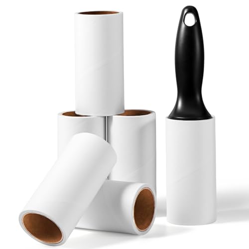 Vinabo Luvas de remoção de pelos e rolos, 6 rolos 1 pega rolo 360 folhas, rolo de pelos autocolante extra para roupa, cabelo, pelo de cão, rolo de pelo de gato