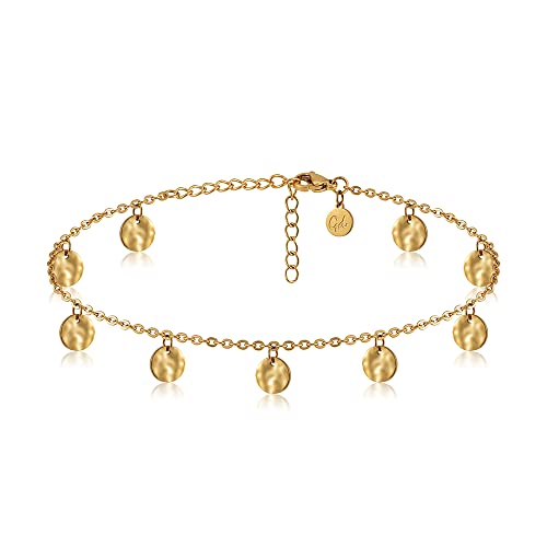 Good.Designs tornozeleira com placa martelada I tornozeleira impermeável com moeda para mulher I tornozeleira mulher de aço inoxidável I tornozeleira com pendentes estruturados