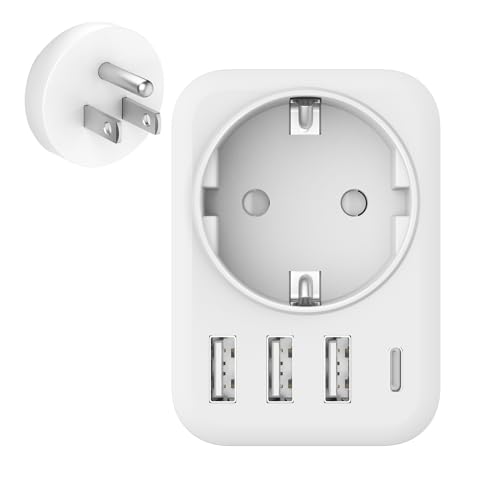 Clomnpe Adaptador de tomada americana, 5 em 1 adaptador de tomada espanhola/europeu para americano com 3 USB e 1 USB-C, alta compatibilidade, para viajantes da Europa para Estados Unidos, México e