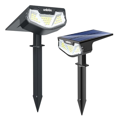 UNBON Luzes solares LED para exterior e jardim, 2 peças holofotes LED exteriores solares jardim potentes 32 LED, 3 modos de luz, impermeável IP65 candeeiros solares candeeiro holofote luz solar