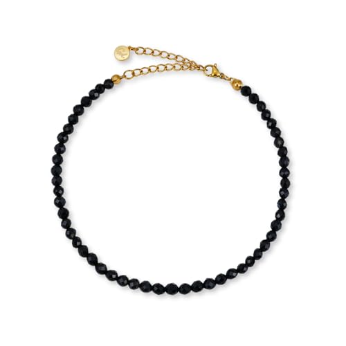 GD GOOD.designs Tornozeleiras femininas com contas de jade autêntico 4 mm - impermeável - tornozeleira de pedra natural colorida com fecho ajustável em ouro de 18 K