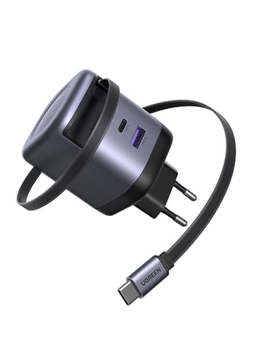 UGREEN Nexode Carregador USB C com cabo retrátil de 65 W GAN, carregamento rápido com 3 portas, compatível com MacBook Pro/Air, Galaxy S-A, iPhone 16-8, iPad