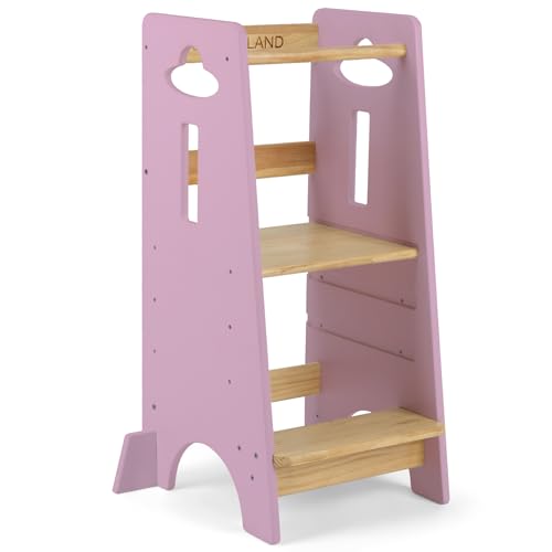 COSYLAND Torre de aprendizagem para crianças - torre de aprendizagem de madeira para bebés de 1 a 6 anos - altura ajustável em 3 níveis - 85 cm, madeira e rosa