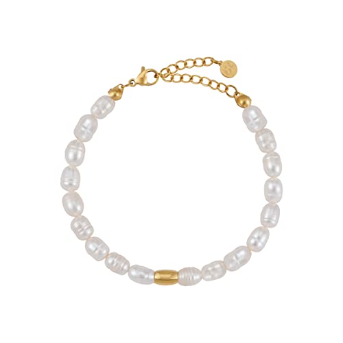 Pulseira de pérolas para mulher - água doce autêntica, impermeável, agradável à pele, banhado a ouro de 18 quilates, 15-19 cm)