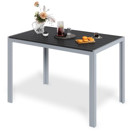 LIFERUN Mesa de jardim com moldura de alumínio, 110 x 70 cm, WPC, resistente às intempéries, retangular, mesa de jantar para exterior, resistente ao calor e às intempéries, antiderrapante, cor