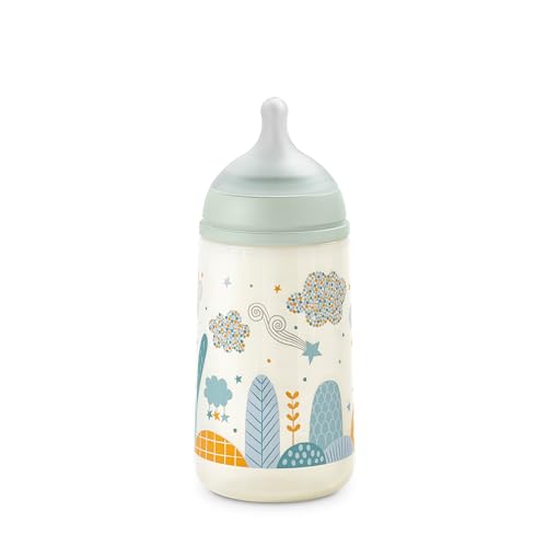 Suavinex, Biberão de 270 ml. Biberão de silicone SX Pro com cetina física, com válvula anticólica. Biberão com cetina de fluxo médio (M). Para bebés + 3 meses. Dreams azul