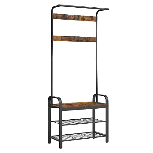 VASAGLE Cabide de sapateira, cabide com banco de entrada, 4 em 1, 9 ganchos removíveis, barra superior, para entrada de corredor, 33,7 x 72 x 183 cm, industrial, castanho rústico e preto HSR40B