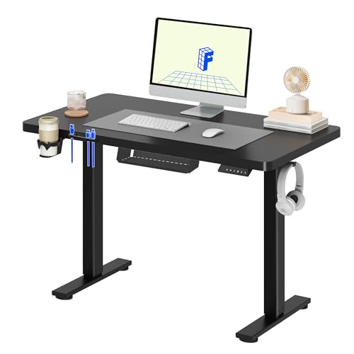 FLEXISPOT Secretária elétrica elevável mesa de secretária com placa 110 x 54 cm, Standing Desk, mesa elevável com 2 ganchos, porta-copos e organizador de cabos, 4 botões de memória, para escritório e