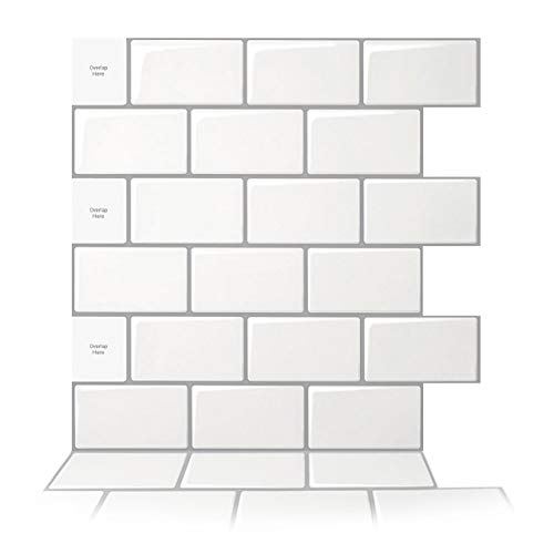 Art3d 10 peças azulejos autocolantes cozinha branca, 30,5 x 30,5 cm, azulejos vinil cozinha, azulejos vinil casa de banho, autocolante