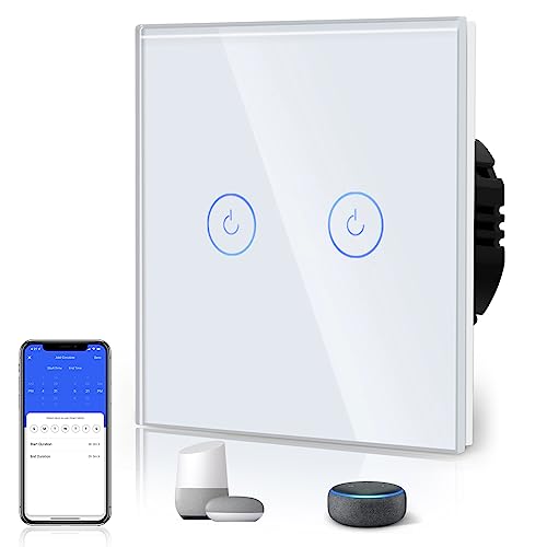 BSEED Interruptor de luz tátil inteligente WIFI, interruptor tátil de parede com painel de vidro compatível com Alexa/Tuya/Smart Life (requer cabo neutro) 2 gangue 1 via branco