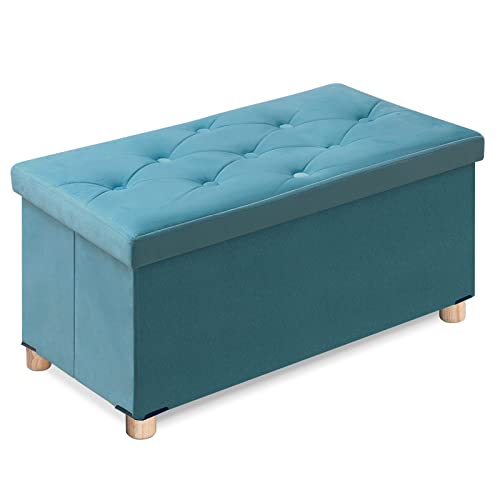 BRIAN & DANY Puff armazenamento dobrável, banco de armazenamento de veludo, baú pé de cama com tampa para quarto sala de estar de entrada, 76 x 38 x 38 cm, verde