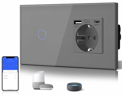 BSEED 1 Gang 1 via interruptor de luz tátil inteligente WIFI com Schuko Tipo C e USB tomada padrão, compatível com Alexa/sua/Smart Life (requer cabo neutro) cinzento