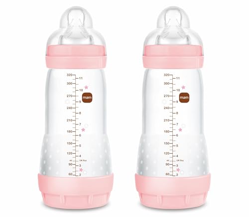 MAM Embalagem de 2 biberões anticólicos, a partir de 4 meses, 320 ml, com Tetina 3 fluxo rápido de fácil aceitação, auto-esterilizável e fácil de limpar, MAM Easy Start Anti-Colic, rosa brilhante,
