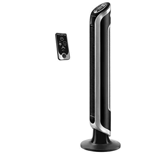 Rowenta Eole Infinite, ventilador de torre potente, temporizador de até 8 horas, 3 velocidades, controlo remoto, desligamento automático, moderno, baixo consumo energético, sem pás, preto VU6670