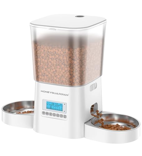HoneyGuaridan Alimentador automático de gato 2 tigelas, dispensador de comida para 2 gatos e cães com temporizador, alimentador automático gatos gravador de voz, 1-6 refeições/dia