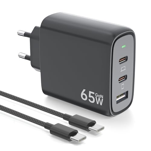 65 W Carregador USB C rápido, 3 portas PD e QC3.0 carregador rápido ganha alimentação tomada com cabo USB C 2M para MacB00k Pro/Air, para iPhone 16/15/Pad, para Galaxy S25/S24 - Preto