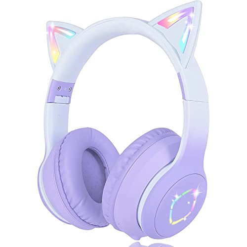 Usoun Auriculares Bluetooth para crianças, LED capacetes Bluetooth sem fios, auriculares dobráveis para crianças com orelhas de gato, volume limitado de 85 dB para meninos, meninas e adultos (roxo)