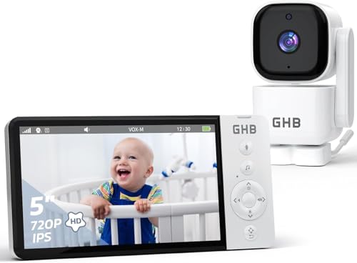 GHB Câmara de vigilância bebé de 5" 720 P HD IPS rotação de 350°, bateria de 5000 mAh monitor bebés com câmara visão noturna comunicação bi-direcional escuta bebés VOX 4 x Zoom