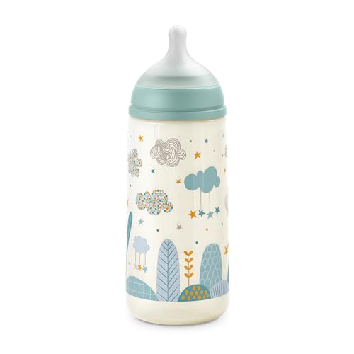 Suavinex, Biberão de 360 ml. Biberão de silicone SX Pro com cetina física, com válvula anticólica. Biberão com étina de fluxo denso (L). Para bebés + 6 meses. Dreams azul