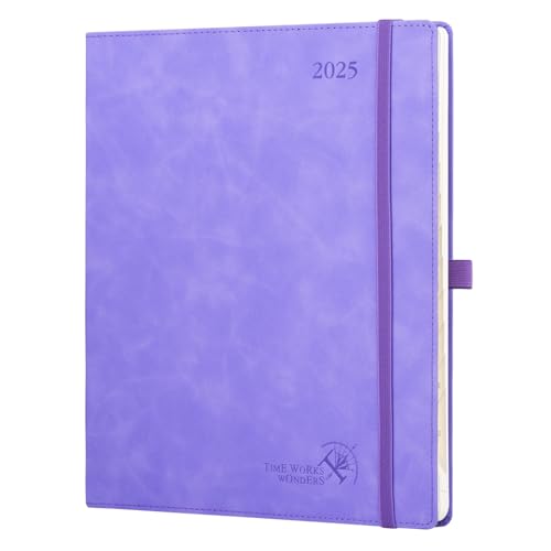 POPRUN Agenda 2025 vista semanal 26,5 x 21,5 cm, tampa branca, marca de fita, uma página semanal com uma página de notas, 100 GSM papel EU, lilás púrpura