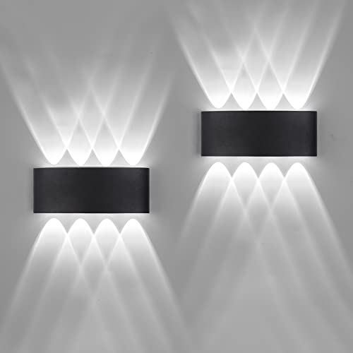 2 peças candeeiros de parede exterior/interior LED aplique parede 16 W 1600LM ip65 impermeáveis up and down candeeiros de parede de alumínio modernos que brilham acima e abaixo (preto 6500 k luz fria)