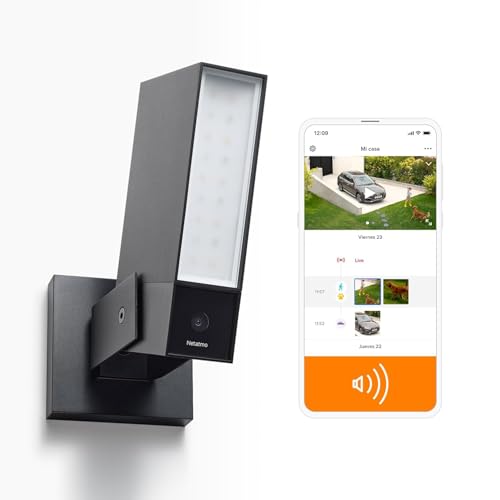 Netatmo Câmara de vigilância exterior sereia 105 dB e holofote de 12 W, vídeo HD, detecção avançada de pessoas, animais e veículos, visão noturna, armazenamento local gratuito - NOC-S-AMZ
