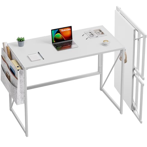 SOROGRA Mesa dobrável com saco de armazenamento e ganchos para auriculares, mesa de computador para escritório em casa e estúdio, pequena secretária para espaços reduzidos, montagem fácil, branco