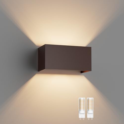 Klighten Aplique de parede exterior com lâmpadas LED G9 substituíveis, branco quente 3000 K candeeiro de parede interior / exterior IP54 ângulo ajustável candeeiro de parede (bronze)
