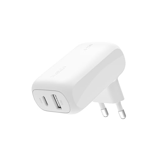 Belkin BoostCharge Carregador de parede com duas portas de 42 W, USB-C e USB-A, carregamento rápido, para iPhone 16, 15, Samsung Galaxy S24, S23, Note, Google Pixel, iPad, MacBook e AirPods, branco