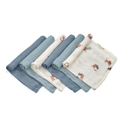 Jané Conjunto de 6 muselinas multifunções, lactação, tecido natural algodão e bambu, antiácaros, ecológico, 35 x 35 cm, azul
