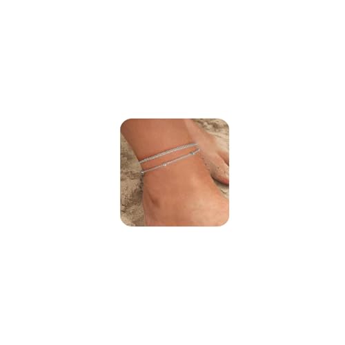 Kenivira Tornozeleiras para mulheres, tornozelo delicado à prova de água em camadas para mulheres ajustáveis, tornozeleira conjunto de contas de ligação de corda de praia tornozeleiras para mulheres