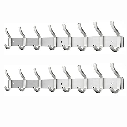 MEIJO Cabides de parede com 8 ganchos, ganchos cabides de montagem na parede em aço inoxidável ganchos ganchos cabide para entrada, cozinha, casa de banho (8 ganchos - 2 peças, prata)
