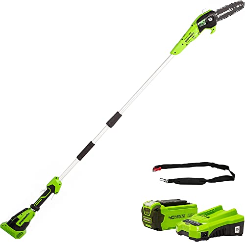 Greenworks G40PSFK2 Serras telescópicas para exterior, barra de 8 polegadas (20 cm), velocidade de corrente de 8 m/s, 3,64 kg, auto-lubrificado, poste 2,58 m, bateria 40 V 2 Ah e carregador, garantia