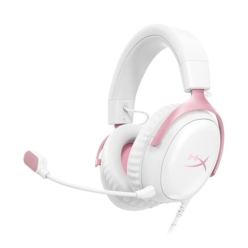 HyperX Cloud III Auriculares para jogos com cabo, PC, PS5, Xbox, Drivers de 53 mm, DTS, moldura resistente, microfone de 10 mm, USB-C, USB-A, branco-rosa