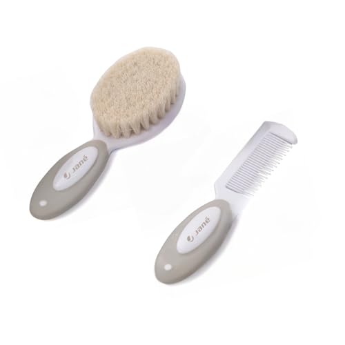 Jané Conjunto de escova e pente, especial para bebés, recém-nascido, cerdas naturais, pontas redondas, bege