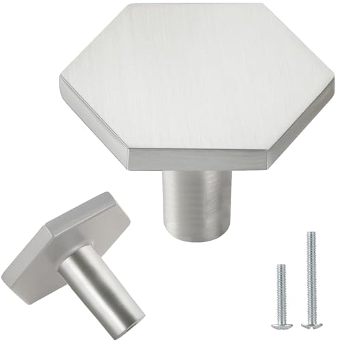 Vandicka 8 maçanetas de porta de níquel escovado, botões prateados para armários e gavetas, puxadores hexagonais para porta de armário de cozinha, toucador, armário, 35 x 26 mm
