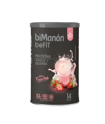 biManán - Batido de proteína sabor morango e nata, com proteína que tonifica a sua massa muscular e Guaraná que ajuda a queimar gorduras, fibra, ácido fólico, vitaminas e minerais, 14 batidos, 420 g