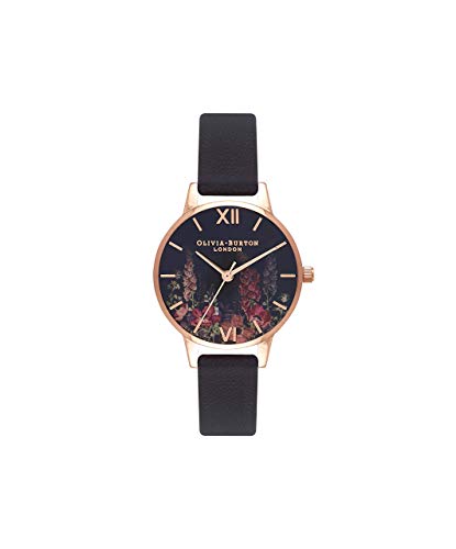 Olivia Burton Relógio analógico de quartzo para mulher coleção Dark Bouquet com correia de couro preta - OB16WG43, Preto, pulseira