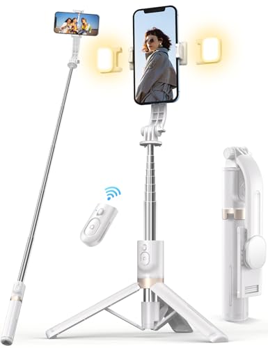 Palo Selfie Tripé telemóvel Bluetooth - 2 luzes recarregáveis, tripé de viagem tripé para iPhone com obturador remoto, para Google, Samsung, Huawei e muito mais (branco)
