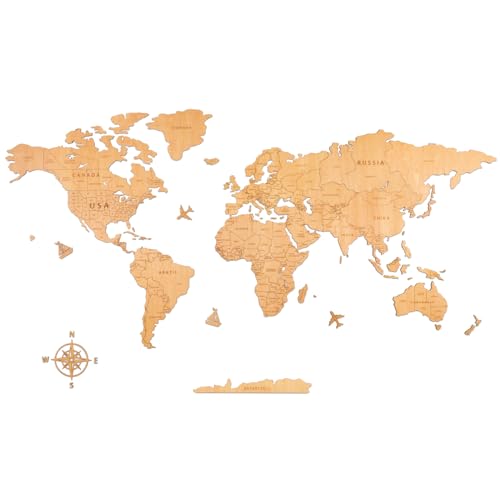 Creawoo Mapa Mundi parede grande de madeira, mapa-múndi de madeira natural decoração de parede para sala de estar, escritório, quarto - 200 x 114 cm, decoração de parede mapa-múndi arte