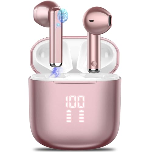 OYIB Auriculares sem fios, mini auriculares Bluetooth 5.3 com Hi-Fi estéreo com HD Mic, 25H In Ear capacetes sem fios com ecrã LED, controlo tátil, IP7 impermeável (ouro rosa)